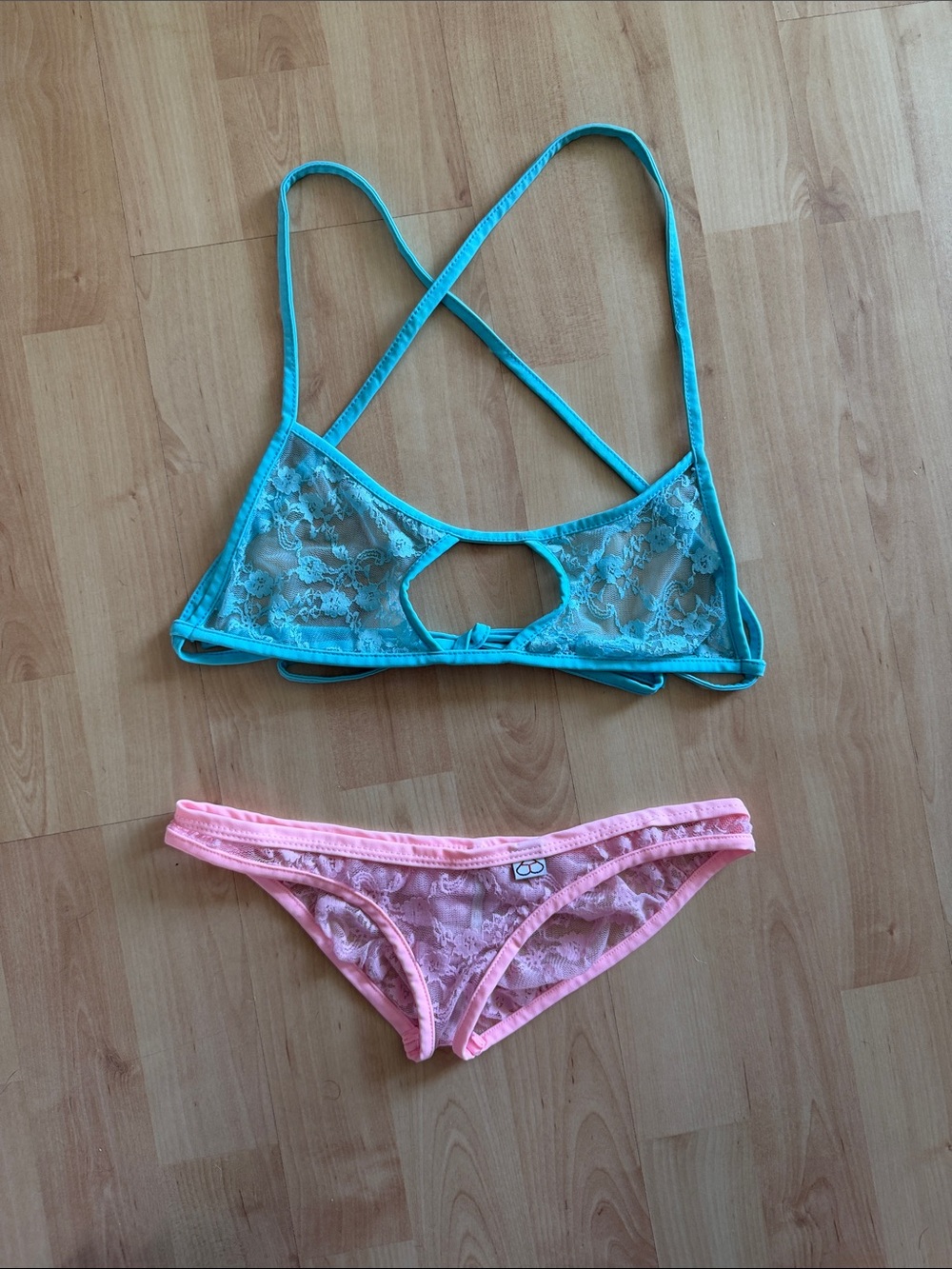 Wicked Temptations Baby Blue & Pink Micro Coverage Lace Mesh Bikini Set